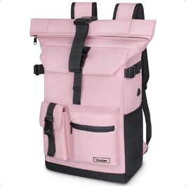 Roll-top Backpack Waterproof, 27L Large Backpack Men Women, School Backpack with 17.3 Inch Laptop Compartment, Travel Backpack Hiking Backpack for Business Work College Travel Leisure (Pink)