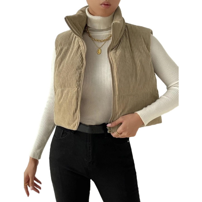 Жіноча куртка Gihuo з наповнювачем Cord, кроп-модель, комір-стійка, застібка на блискавку, стьобані рукави (M, Хакі)
