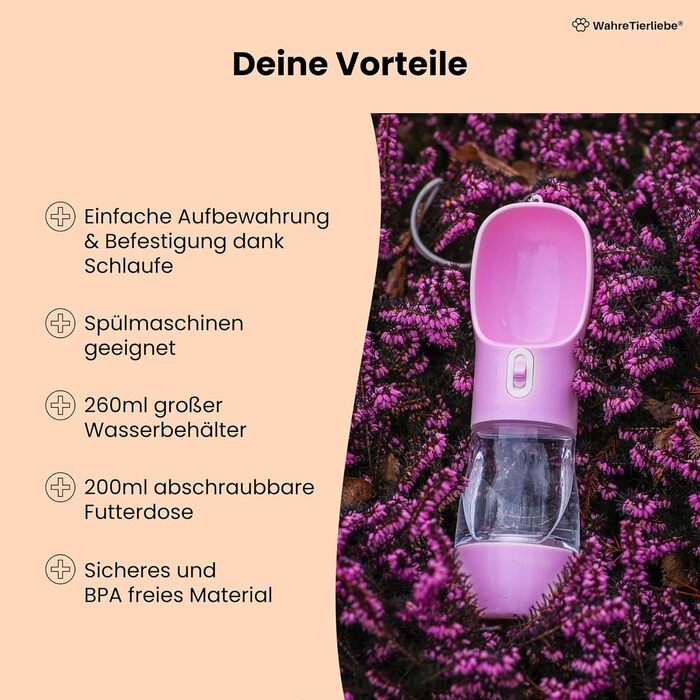 Турбота про тварин 2в1 пляшка для води та ласощів для собак [460 мл] - Переносна пляшка для собак з легким доступом до води та смаколиків, BPA-free, ідеальна для прогулянок, подорожей, рожева
