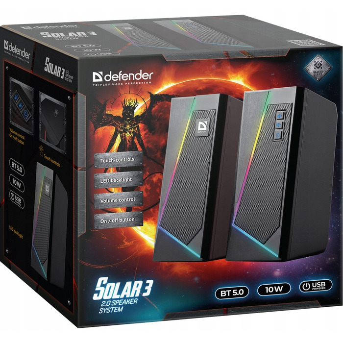 Комп'ютерні колонки DEFENDER SOLAR 3 2.0, 10 Вт, Bluetooth, RGB-підсвітка, USB