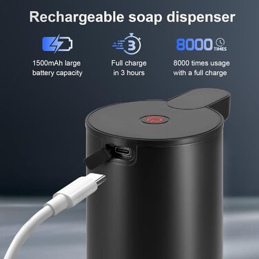 Automatic Soap Dispenser Stainless Steel Foam Soap Dispenser Electric - LAOPAO Soap Dispenser Set IPX5 Waterproof USB-C Charging with Sensor Infrared Motion Sensor for Kitchen & Bathroom (Black)