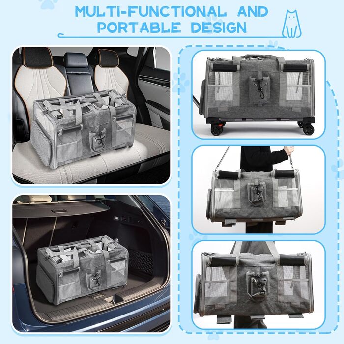 Велика переноска для тварин з двома відділеннями та колесами для кота/собаки, знімна та складана переноска для 2 котів до 20 кг, вентильована переноска-рюкзак для котів для подорожей/походів/кемпінгу