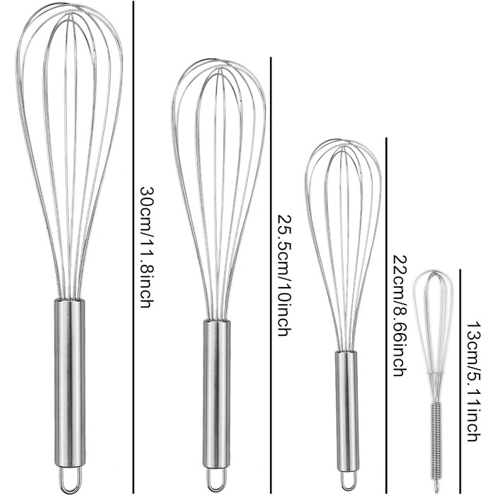 Набір з 4 штук міксерів для кухні LAMXD - нержавіюча сталь, професійні ручні вінчики, для вимішування тіста, яєць, збивання - 21/26/29 см, сріблястий
