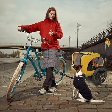 Причіп для собак до велосипеда, складаний, з прапорцем та ременем. Доступні кольори: червоний, пісочний, м'ятний, фіолетово-блакитний, військово-блакитний, військово-зелений