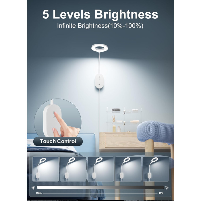 Світлодіодна настінна лампа для читання з USB, 10 Вт, 4 режими кольору, димування, функція пам'яті, таймер автовимкнення, біла