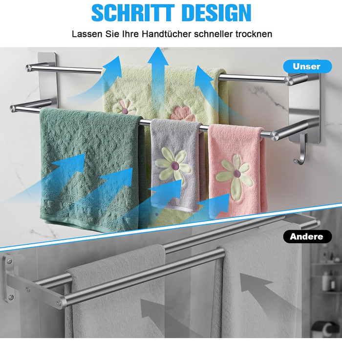 Тримач для рушників без свердління, 60 см, самоклеючий, з гачками, нержавіюча сталь, вологостійкий, для ванної кімнати та кухні, срібляний