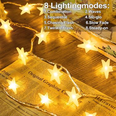 LED гірлянда зірочки на батарейках, 30 шт., 4,5 м, тепле біле світло - для вечірок, саду, Нового року, Хелловіну, весілля та декору