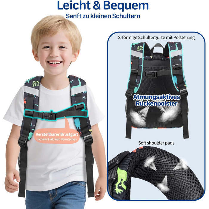 Дитячий рюкзак Bagseri для дівчаток 15L, легкий рюкзак для школи, дитячий сад та 1-2 класи, з нагрудним ременем та ізотермічним відділенням, формат DIN A4, з світловідбиваючими елементами (чорний динозавр)