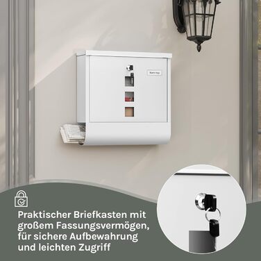Поштовий ящик WOLTU з газетницею та вікном, персоналізований, з ключем, білий 37x37x10.5 см