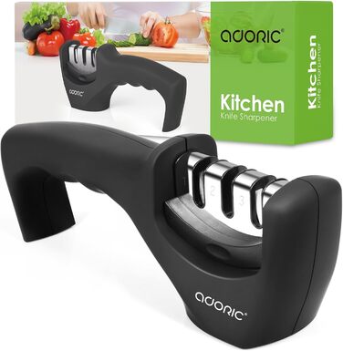 Точилка для ножів Adoric з 3 ступенями, вольфрамовий сталь, діамант, кераміка, чорна