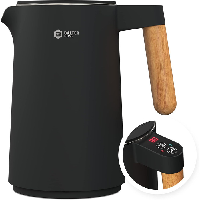 BALTER Stainless Steel Kettle with Temperature Setting, 45°C-100°C, Double-Walled, BPA Free, Quiet & Cordless, Keep-Warm Function, Tea Kettle with Temperature Display, 1.5L, 2200W, Black