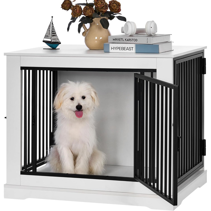 BEWISHOME Клітка для собак, 81 см, Біла, з 3 дверцятами, для дому, з функцією столику, для маленьких/середніх собак, EMGL03W