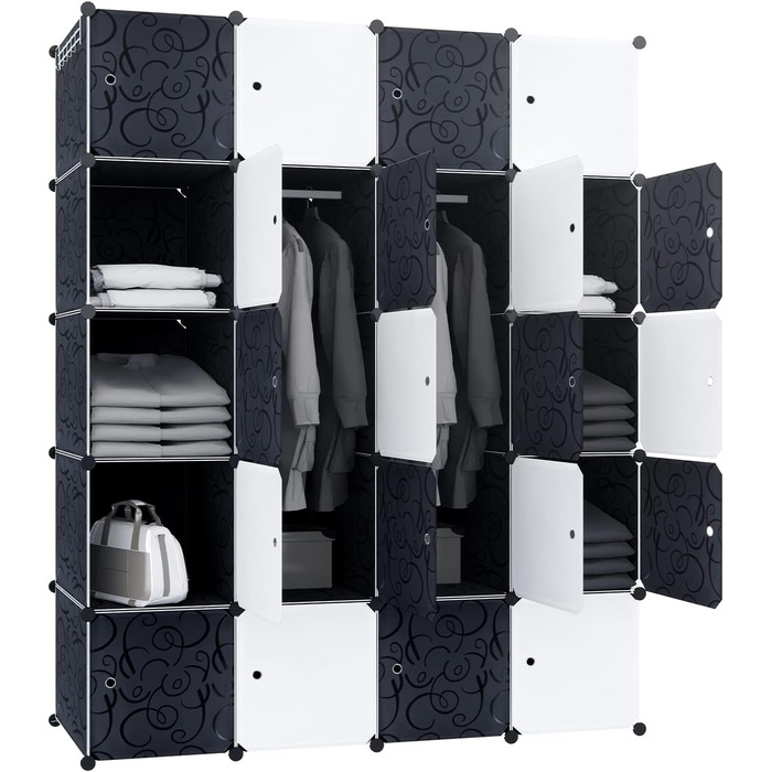 XMTECH DIY Closet System Wardrobe with Door, Shelf Closet, Coat Rack, Shoe Rack made of Plastic (10 Box Closet) (20 Hook Closet)