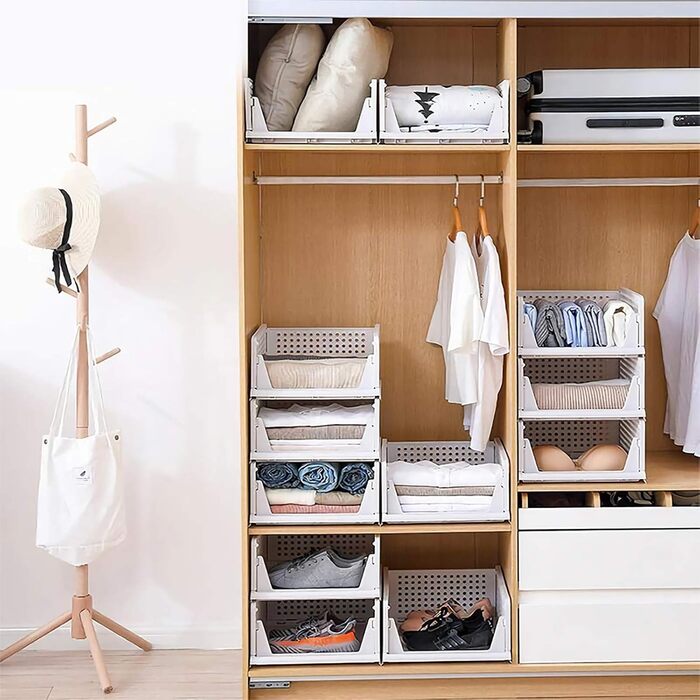 Yorbay Drawer Box, 3-Piece Set, Stackable Closet Organizer, Shelf Storage Box, Divider Stackable Drawers for Clothes Kitchen Bedroom, White