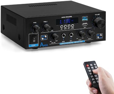HiFi підсилювач AK55 Bluetooth, стерео аудіо підсилювач 2-канальний, 2x70Вт (макс. 600Вт), цифровий саунд підсилювач 12В/220В для дому та авто