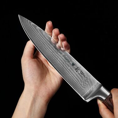 Ніж кухарський Wakoli EDIB з дамаської сталі (серцевина VG10) з 20 см лезом – гострий та збалансований – ніж з дамаської сталі з ручкою з паккавуду в подарунковій коробці – ніж кухарський для професійних та аматорських кухарів (з гравіюванням)