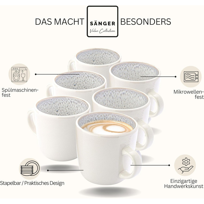 Набір кавових чашок SÄNGER Kreta (6 шт.), 350 мл, кераміка, блакитний, для кави та чаю, миття в посудомийній машині, мікрохвильова піч