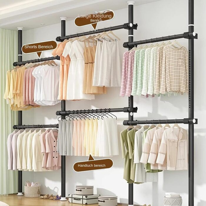 Телескопічна система для гардеробу, штанга для одягу з 6 штангами, телескопічний шафа для одягу з 2 гачками, регульована полиця 110-300 см, для дому та магазину одягу, білий (чорний)