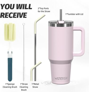 Термокружка WATERSY 40oz з нержавіючої сталі, 591 мл, з подвійними стінками, з ручкою та трубочкою, для гарячих та холодних напоїв (колір: рожевий)
