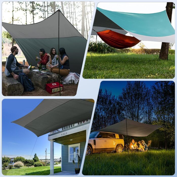 Тент Forceatt Zeltplane 3.7x4.3 м: ультралегкий, водонепроникний, з 6 кріпильними точками. Підходить для кемпінгу, піших прогулянок та відпочинку на природі. Колір: темно-синій & сірий.