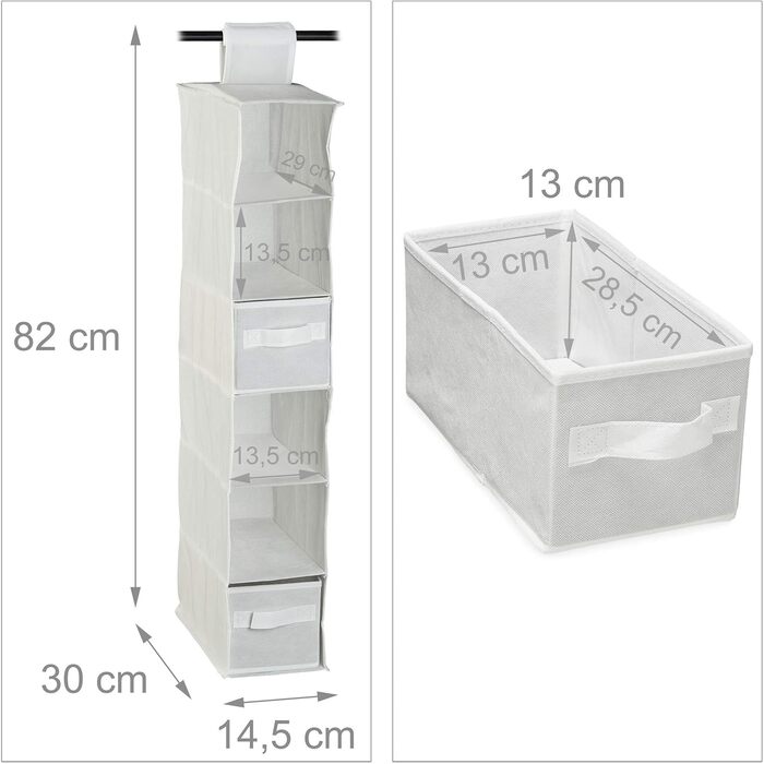 Органайзер для шафи Relaxdays з тканини, 6 відділень, 2 шухляди, сірий, флізелін, 82 x 30 x 14,5 см