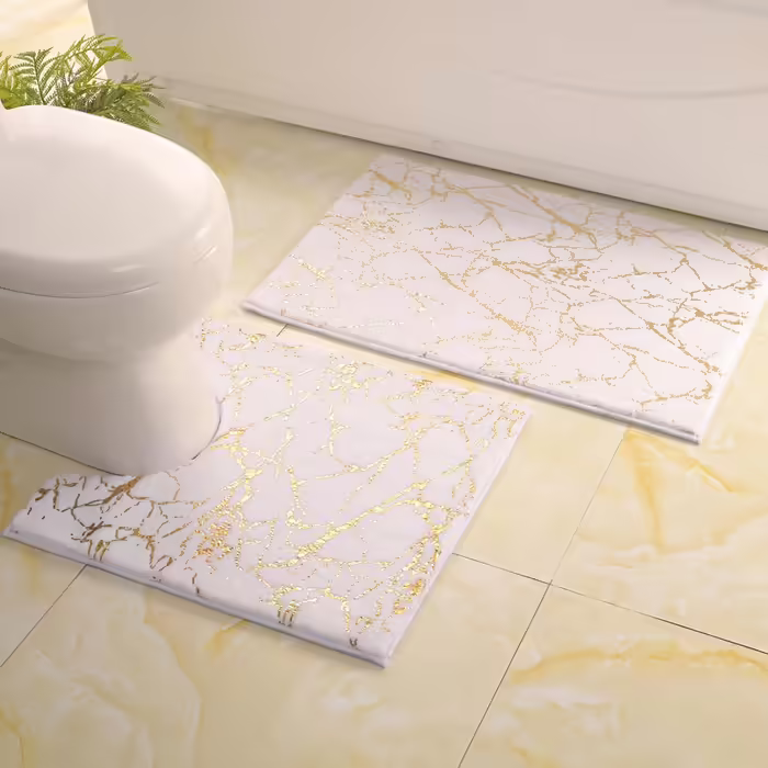 QJHOMO Non-Slip Bath Mat Washable Bathroom Rug, Toilet Rug with Cutout White Bathroom Carpet, Gold Decorative Toilet Rug Luxury Bath Accessories, Soft Microfiber Absorbent Bath Mat 50x60 cm