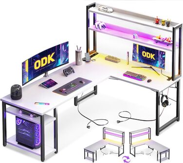 Ігровий стіл ODK L-подібний з LED-підсвіткою, розеткою та полицею для фігурок, кутовий письмовий стіл 150×120 см, білий
