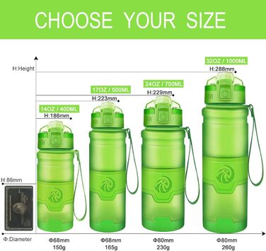 ZORRI Sport Water Bottle for Kids, 500 ml/700 ml/1000 ml, BPA-free, eco-friendly Tritan plastic, reusable water bottles with filter, 1000ml-32oz (Green-400ml, 414 ml)