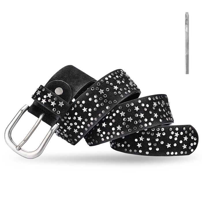 Жіночий шкіряний ремінь 110 см з зірковими заклепками, ширина 3.8 см, для джинсів, суконь, штанів та шортів, регульований, вінтажний, з металевою пряжкою, чорний
