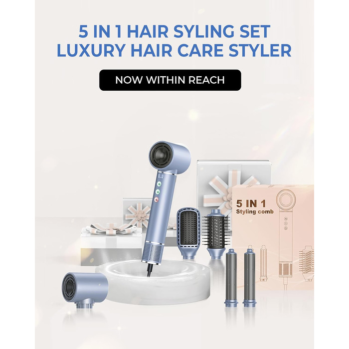 Airstyler 5 в 1: Фен, плойка, щітка, стайлер для волосся з іонною технологією 110000 U/Min, сірий