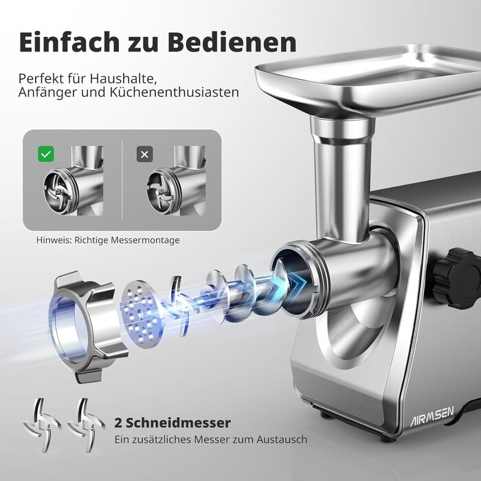 М'ясорубка електрична AIRMSEN з насадкою для ковбас, 2 сталеві ножі, 3 диски, насадка Kubbe, потужний мотор, нержавіюча сталь