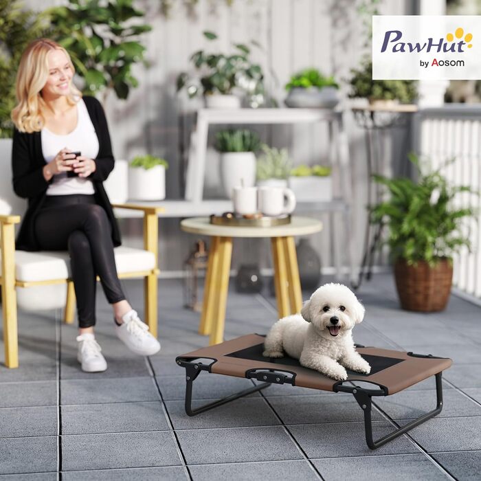 PawHut лежанка для собак на вулицю, піднята лежанка для великих собак, складана лежанка для тварин з сітчатим сталевим каркасом, лежанка для собак на відкритий простір, кемпінг, 107x61x20 см, (Д 75 x Ш 51 x В 18 см, Кофе)