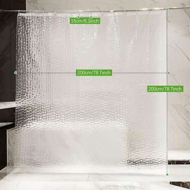 Шторка для душу OTRAKI 200x200 см, антигрибкова, EVA, прозора, PVC-free, водонепроникна, з 12 кільцями