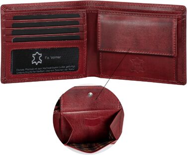 Fa. Volmer® Leather Wallet for Men with RFID Protection - Extra-Stable Double Stitch - 6 Card Slots - Landscape Format (Bordeaux Red)