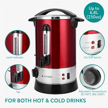 Navaris Mulled Wine Warmer Hot Water Dispenser - Stainless Steel - 6.8L - with Thermostat, Fill Level Indicator, and Tap - Mulled Wine Hot Beverage Machine Red