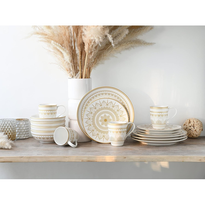 CreaTable Серія MANDALA GOLD - Чорний, 16-частинний набір посуду, Комбінований сервіз з кераміки, підходить для миття в посудомийній машині та для мікрохвильової печі, преміум-якість