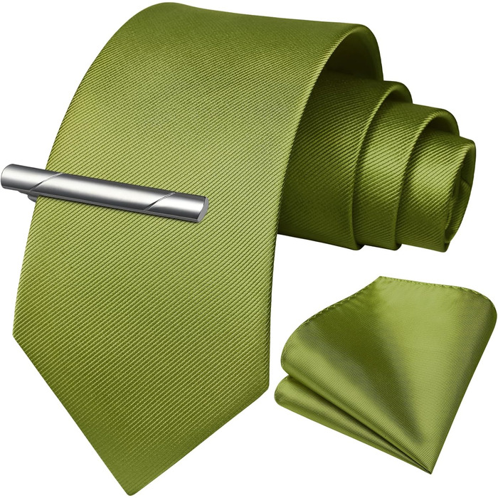 HISDERN Комплект краватки, нагрудного хустинки та краватки-затискача для чоловіків на весілля, однотонні, різні кольори, універсальний розмір (Оливковий)