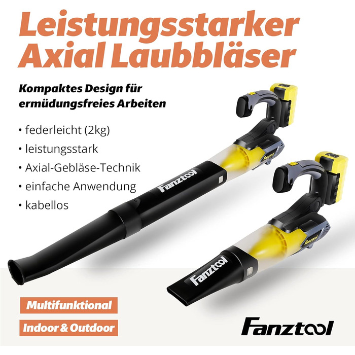 Акумуляторний повітродув FANZTOOL 20V 4.0Ah з регульованою ручкою, 2 швидкості, знімна труба, до 250 км/год, 10 м³/хв, для тераси і догляду за садом