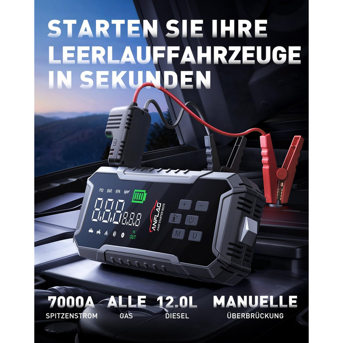 Портативний пусковий пристрій ANFLAG 7000A з компресором та LED-ліхтариком, 26800mAh, для бензинових та дизельних двигунів (до 12.0L)