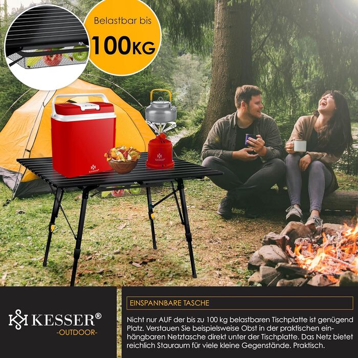Стіл для кемпінгу KESSER® розкладний, з алюмінієвим каркасом, регулювання висоти, 120x70 см, до 100 кг, з сумкою та кишенькою, чорний
