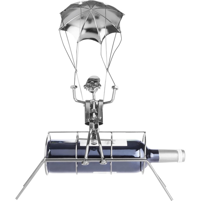 BRUBAKER Bottle Holder Parachutist - Metal Wine Bottle Holder Parachute Jump - Sculpture with Gift Card - Silver