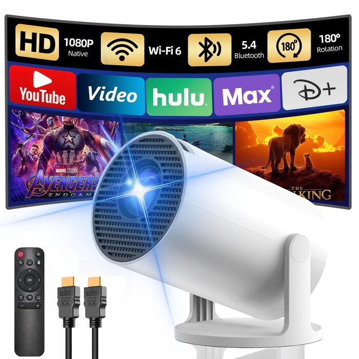 Портативний проєктор Yoton Mini Beamer Wi-Fi6/Bluetooth 5.4 з бездротовою трансляцією екрану (Android/iOS), підтримка 1080P, автоматична корекція трапецеїдальних спотворень, HDMI, Native 720P, білий