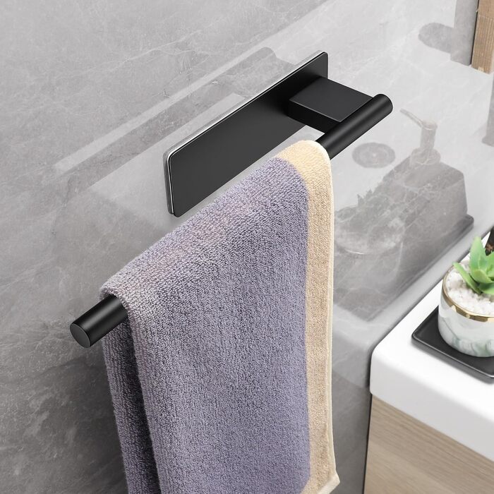 Тримач для рушників на клейкій основі без свердління, 28 см, нержавіюча сталь, срібляний (чорний, одноручний)