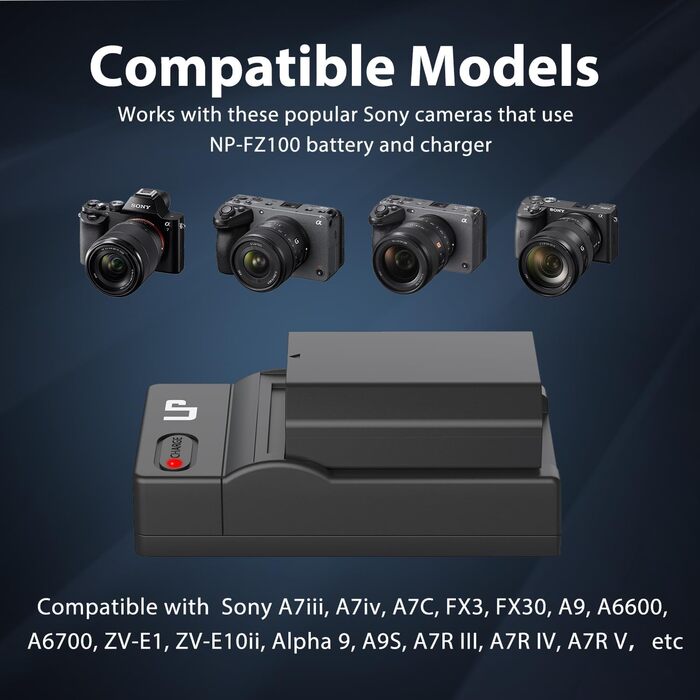 Зарядний пристрій LP NP-FZ100 з LCD-дисплеєм, Dual USB, сумісний з Sony A7iii, A7iv, A7C, A6700, A6600, ZV-E1, ZV-E10ii, FX3, FX30, A9, Alpha 9, Alpha 9S, A9S, A7R3 та A7R4 (2 батареї + AC зарядний пристрій)