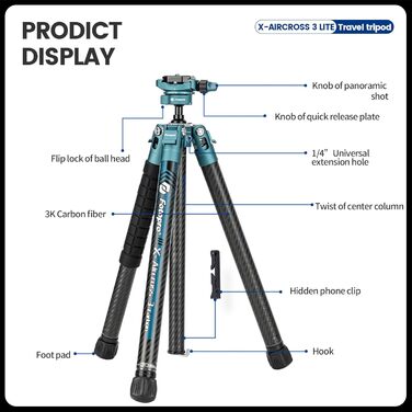 Fotopro X-Aircross 3 Lite - Легкий штатив для камери з карбону, 157 см, з кульковою головкою для панорами, 0.81 кг, для DSLR, з сумкою, до 10 кг, блакитний