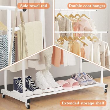 Clothes Rack with Double Rod, Rolling Clothes Rack, Portable Clothes Rack for Bedroom, Living Room, Clothing Store, (White)