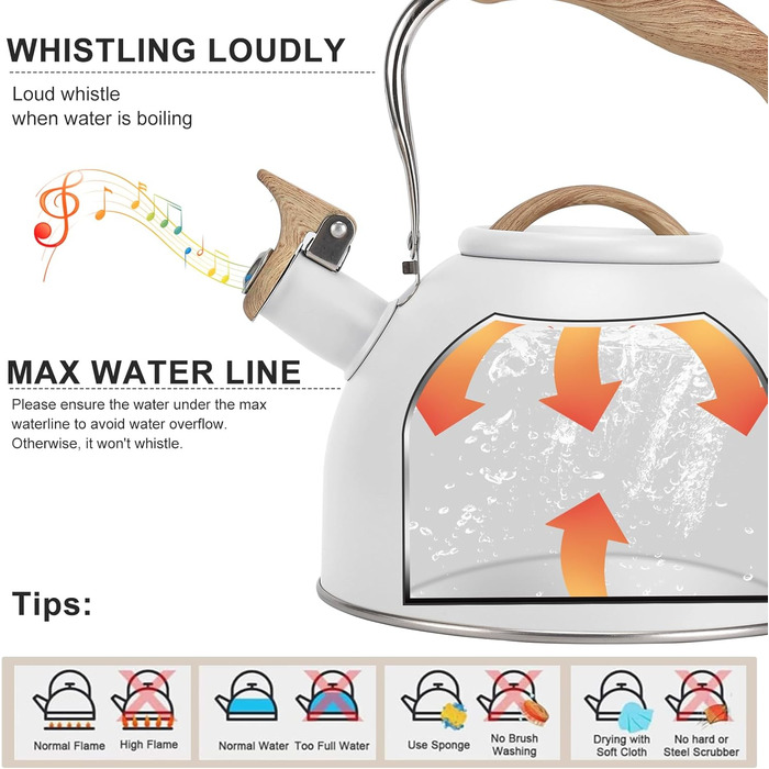 Чайник для плити Vegoran 3 літри зі свистком, з нержавіючої сталі з дерев'ястим декором, з ручкою-клямкою, для чаю, кави, молока (зелений) (білий/Розкішний сад)