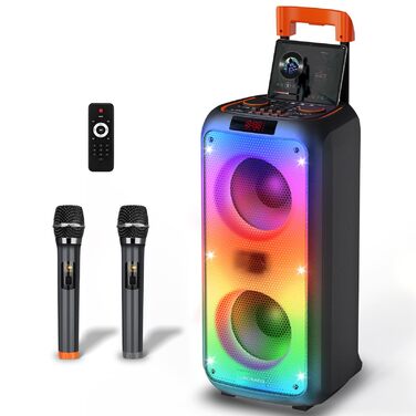 Караоке система Hukkmela з 2 мікрофонами, Bluetooth 5.3, USB, TF, Aux, LED підсвічування - чорний