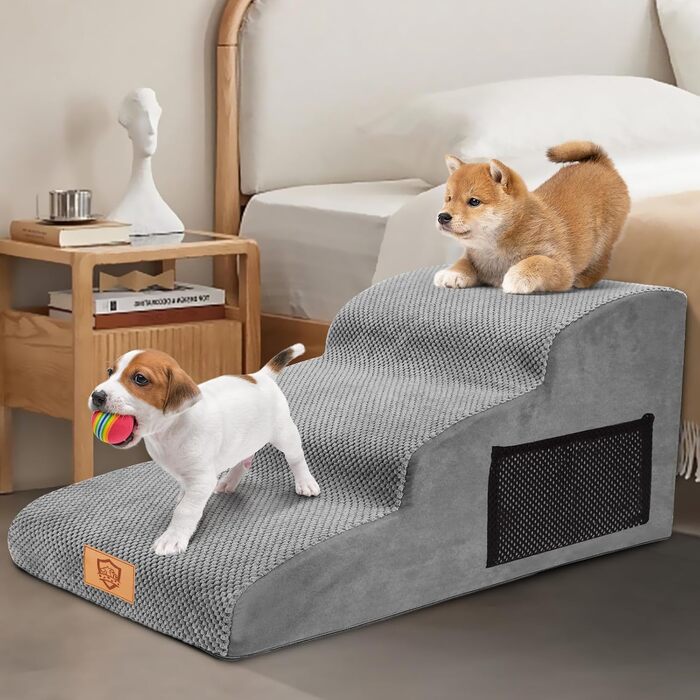 Phone Dog Stairs for Small Dogs, Dog Stairs, Non-Slip Dog Stairs 5 Steps, Washable Dog Ramp Bed, Pet Stairs made of High-Density Sponge, for Injured & Older Dogs, Cats (Pet Stairs 3 Steps, gray)