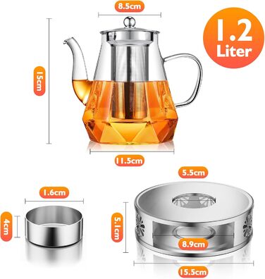 Скляний чайник STNTUS з підігрівачем та ситечком для листового чаю, 1.2 л, нержавіюча сталь